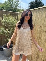Gold Open Weave Fringed Cover Up