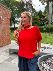 Red Asymmetric Off Shoulder Knit Cora