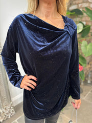 Navy Velour Cowl Neck Sparkle Top Olivia