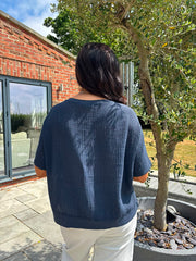 Navy Striped Textured Linen Top Anais