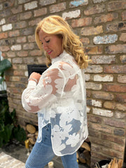 White Sheer Applique Floral Blouse Harriet
