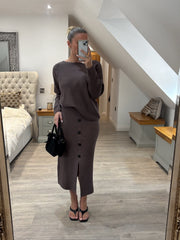 Mocha Button Detail Two Piece Skirt Set Jenny