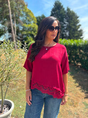 Red Asymmetric Lace Trim Top Maria