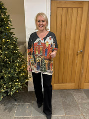 Navy Xmas Village Shimmer Top Robyn