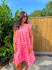 Pink Bubble Cotton Leopard Dress Crystal