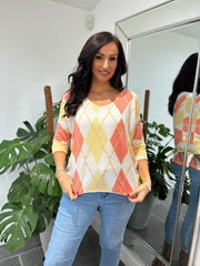 Orange V Neck Argyle Print Top Izzy