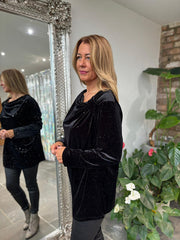 Black Velour Cowl Neck Sparkle Top Olivia