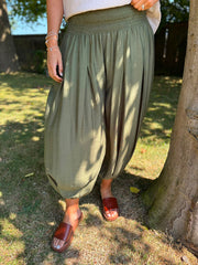 Khaki Smocked Waist Hareem Trousers
