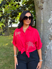 Red Linen Studded Palm Shirt Ruby