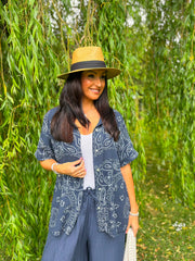 Navy Bubble Cotton Paisley Short Sleeve Shirt Jackie