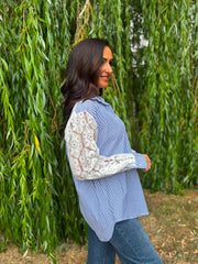 Denim Lace Sleeve Pinstripe Shirt Cove