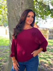 Wine Applique Ruffle Sleeve Knit Crystal