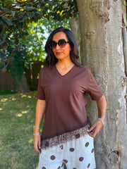 Chocolate Asymmetric Lace Hem Top Wendy