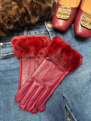 Wine Faux Fur Trim Gloves