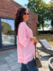 Pink Frayed Detail V Neck Top River