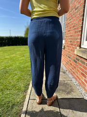 Navy Bubble Cotton Barrel Leg Trousers