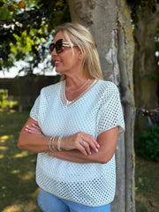 White Gold Trim Open Knit Top Karen