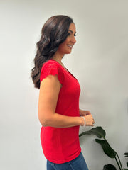 Red Ribbed Lace Detail Top Amelia