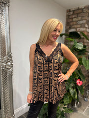 Camel Greek Key Lace Trim Vest Megan