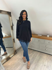 Black Ruched Lace Trim Top Janet