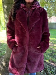 Wine Luxury Faux Fur Hooded Coat Aspen