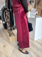 Wine Cropped Sequin Panel Wide Leg Trousers