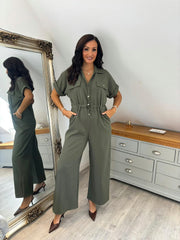 Khaki Wide Leg Collared Jumpsuit Carrie