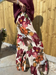 Wine Floral Brushwork Print Trousers