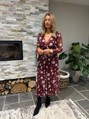 Wine Polka Dot Belted Mesh Dress Alana