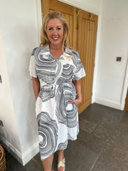 White Linen Blend Swirl Shirt Dress Kimmy