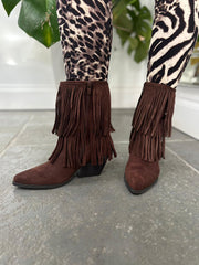 Chocolate Fringed Faux Suede Ankle Boots