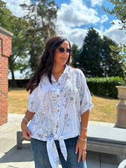 White Botanical Tie Front Blouse Brielle