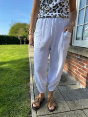 White Bubble Cotton Barrel Leg Trousers