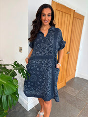 Navy Bubble Cotton Paisley Shirt Dress Jane