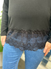 Black Ribbed Lace Trim Top Madeline