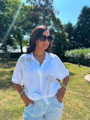 White Linen Studded Palm Shirt Ruby