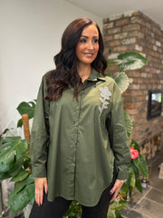 Khaki Diamante Flower Shirt Kristie