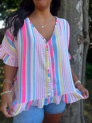 Blue Bubble Cotton Striped Top Kimberly