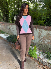 Chocolate Short Sleeve Argyle Knit Rylie