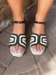 Black Patterned Weave Espadrille Wedge