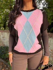 Chocolate Short Sleeve Argyle Knit Rylie