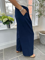 Navy Tailored Wide Leg Pleat Trousers