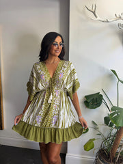 Olive Multi Print Kaftan Tunic Dress Fern