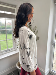 Winter White Sketched Flower V Neck Top Amy