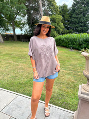 Mocha Embroidered Floral Top Frankie