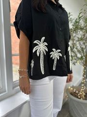 Black Tropical Palm Embroidered Blouse Anya