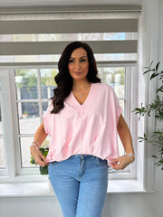 Pink Gathered Hem V Neck Top Willa
