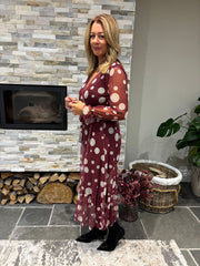 Wine Polka Dot Belted Mesh Dress Alana