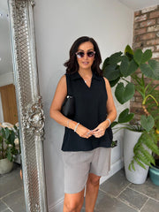 Black Sleeveless Bubble Cotton Top Jean