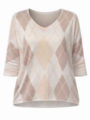 Mocha V Neck Argyle Print Top Izzy